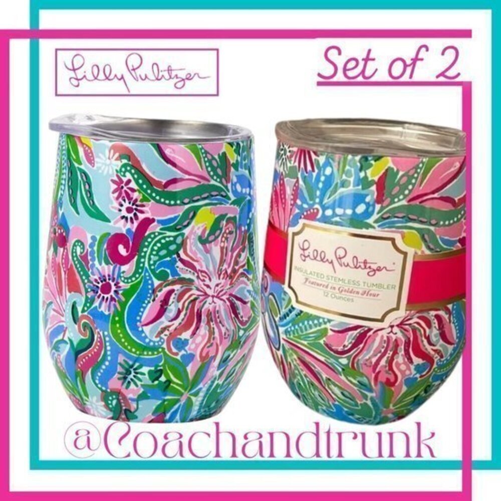 2 PCS LILLY PULITZER Stainless Steel Tumblers Turquoise Oasis Golden Hour NWT